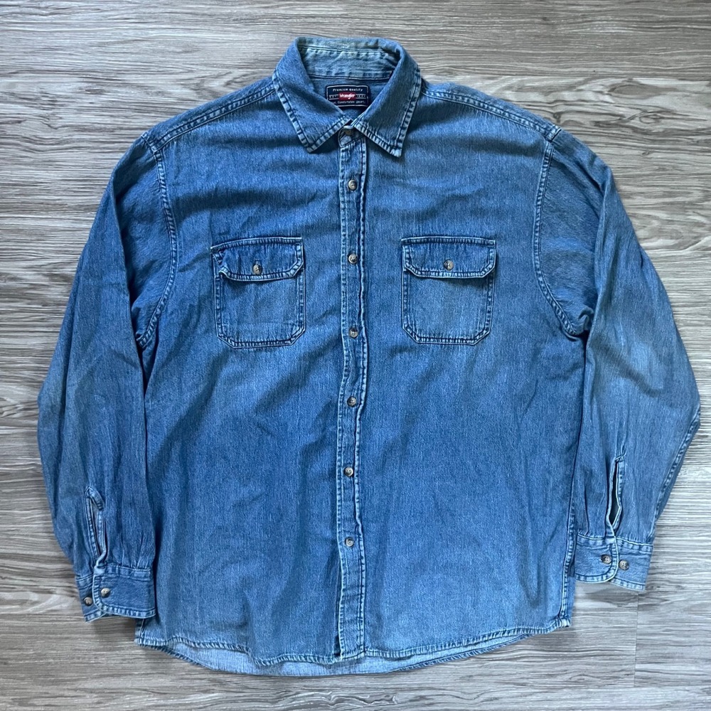 Wrangler Mens Blue Denim Button Down Shirt Long Sleeve Cotton Workwear Large